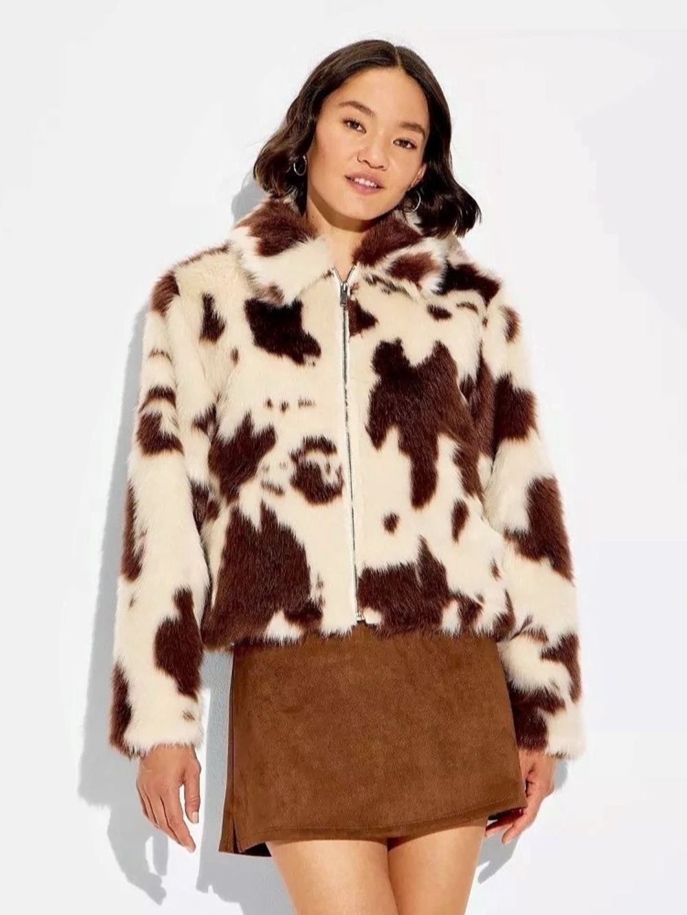 Brown Cow Print Fluffy Statement Coat Style size s